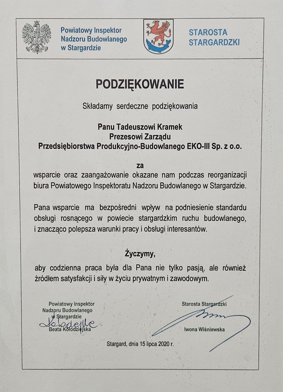Dokument z referencją od Starosty Stargardzkiego.
